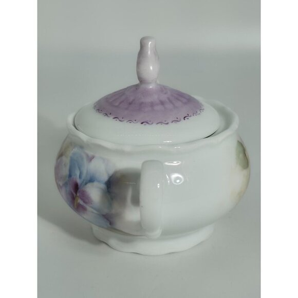 Antique Hand Painted Porcelain Sugar Bowl With Purple Lid & Floral Design - Picture 4 of 12